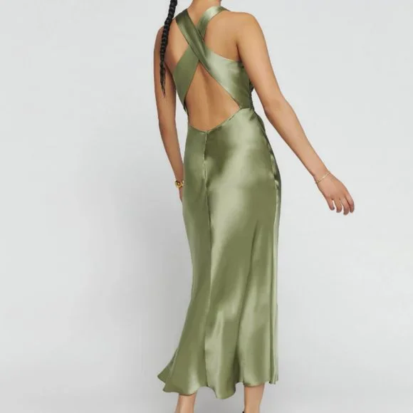 Reformation Casette Silk Dress, Artichoke 8, Occasion Wedding - Picture 3 of 9